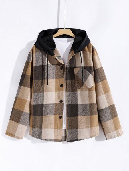

men plaid print drawstring hooded overcoat without tee q5hi#, Black;brown