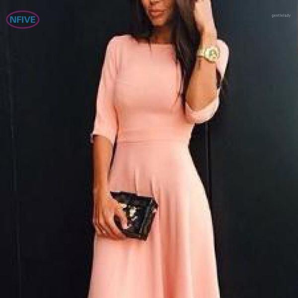 

casual dresses nfive brand 2021 woman solid elastic fashion summer europe seven point sleeve vestidos big pendant floor-length dress1, Black;gray