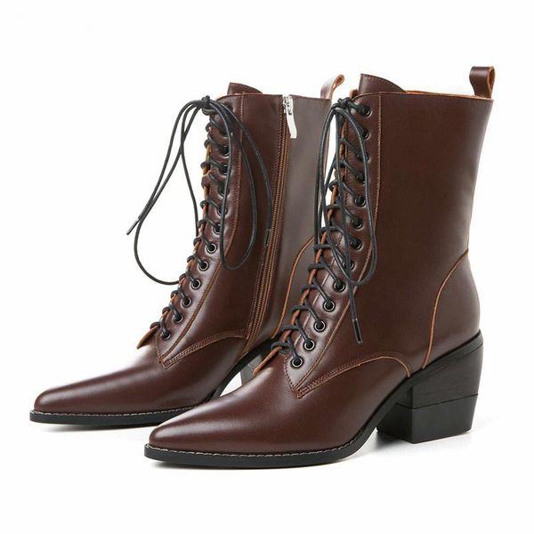 

boots bottes femme winter shoes women's vintage cow leather pointed toe high heels lace up mid-calf botas mujer, Black