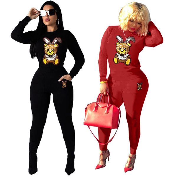 

womens 2020 fashion tracksuits womens casual bear print sports two pieces suits women trendy sequin stitching pullover + pants, Gray