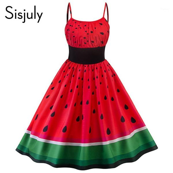 

vintage dress summer women strapless dresses elastic waist watermelon printed strap a-line red 2018 cute chic girls retro dress1, White;black