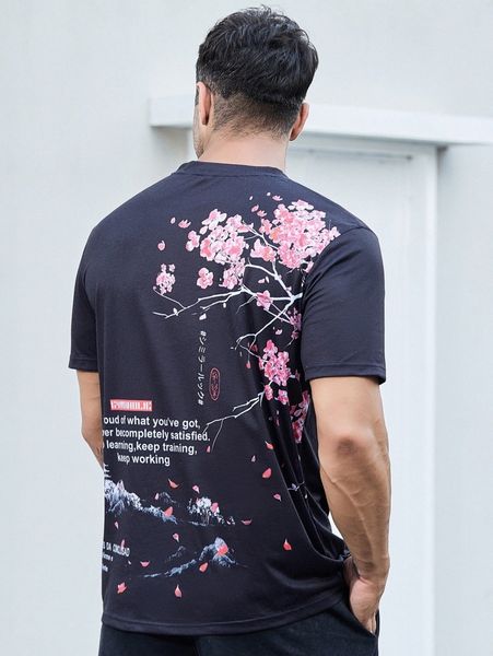 

extended sizes men floral and japanese letter graphic tee b2zt#, White;black