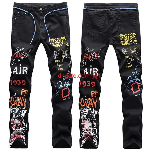 

printed men's jeans slim casual graffiti men's pants fashion, Blue