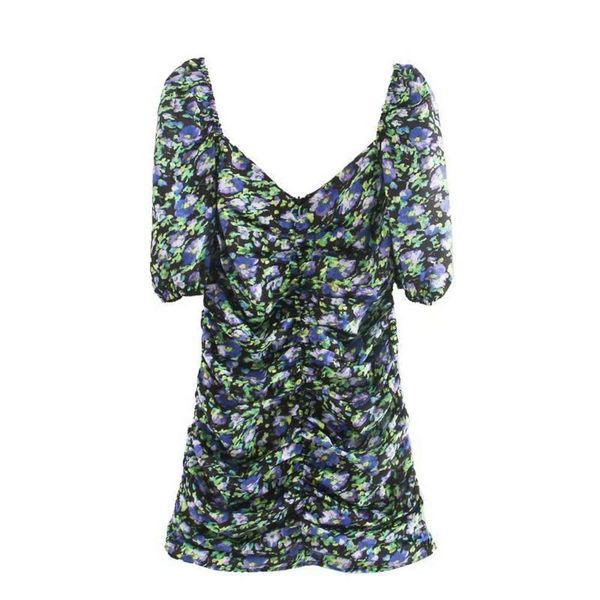 

french c-9019 spring new and summer short wrinkled v-neck floral drs women's printed skirt, Black;gray