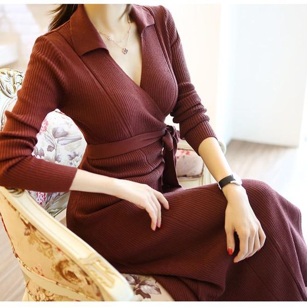 

fashion 2020 spring new women bandage dress long sleeve v-neck high waist knitted dresses christmas dress1, Black;gray