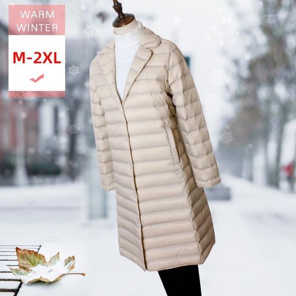 

women's down & parkas fashion women long white duck jacket tailored collar female slim thin soft casual coat covered button good quanli, Black