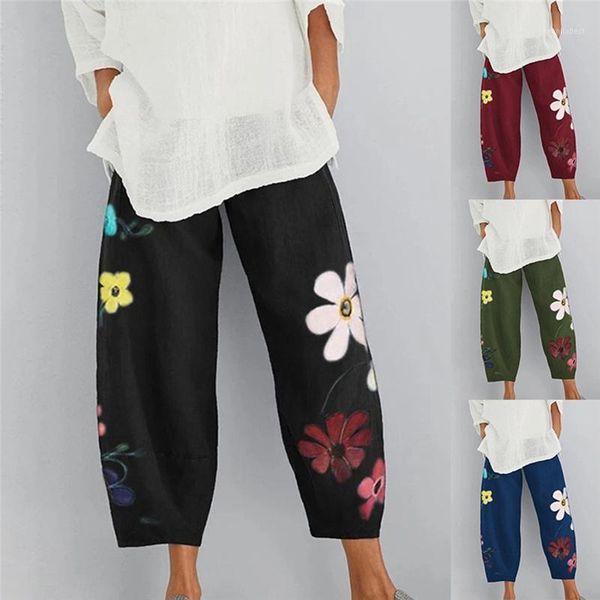 

women casual harem pants summer elastic waist wide leg pants vintage floral printed trousers female loose pantalon plus size1, Black;white