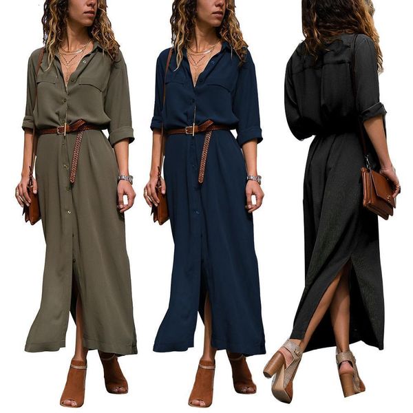 

ladies solid color long sleeve single-breasted split swing shirt loose casual dress (s-3xl) [with belt] drop shipping, Black