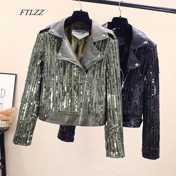 

ftlzz women faux soft leather basic jackets turndown collar rivet zipper pu motorcycle coat female club sequin leather outerwear1, Black