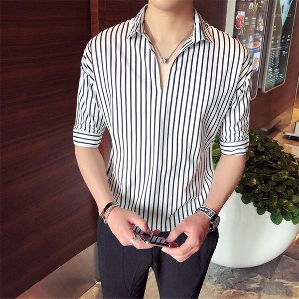 

men's casual shirts 2021 men striped half sleeve shirt mens dress summer camisa masculina brand man male formal 1, White;black