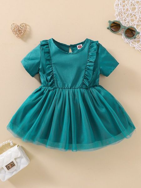

baby ruffle trim contrast mesh dress she, Red;yellow