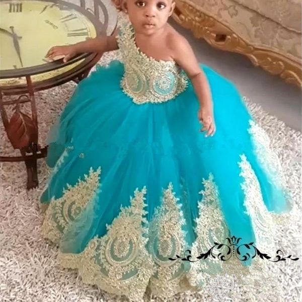 

african girls gold flower girl dresses ball gown one shoulder knot bow long tulle girls birthday first communion for kids y200713, Blue