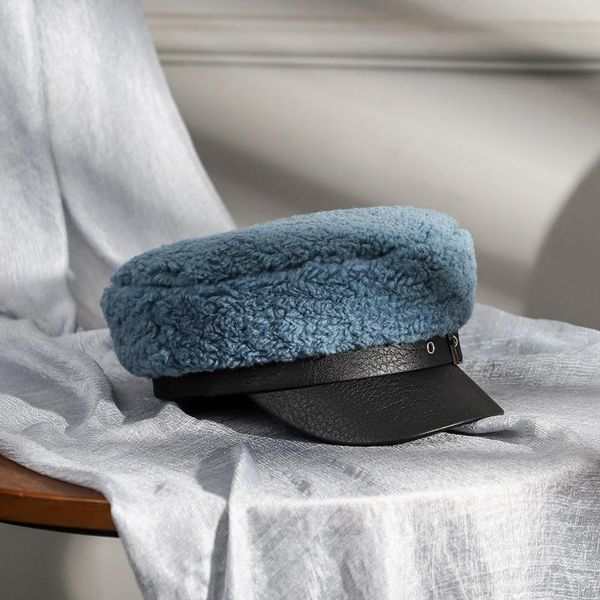 

berets beret female autumn winter hats pu leather cap men's and women's flat comfortable breathable, Blue;gray