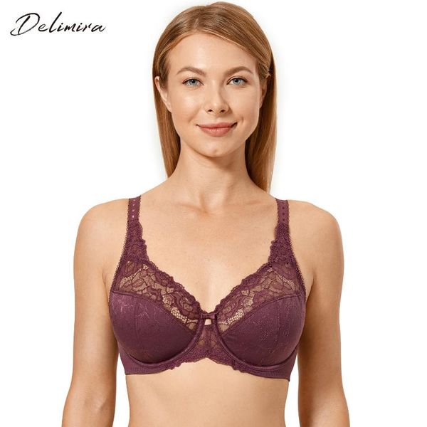 

delimira women's plus size cotton full coverage underwire unlined foral minimizer lace bra, Red;black