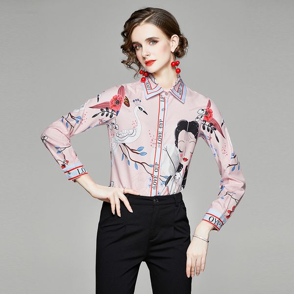 

2021 new runway animal shirt women turn down collar office fashion female blouse long sleeve plus size lady blusa feminina bhen, White