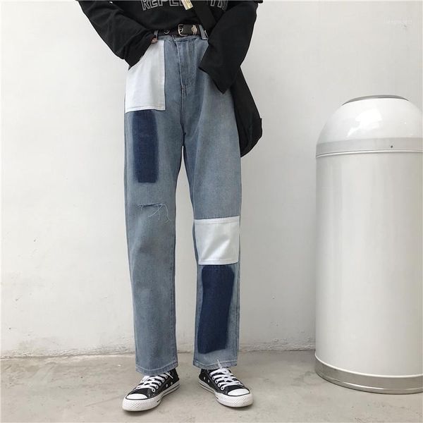 

2020 vintage patchwork jeans pants streetwear hole fashion straight leg denim jeans pants men harajuku jean homme casual1, Blue