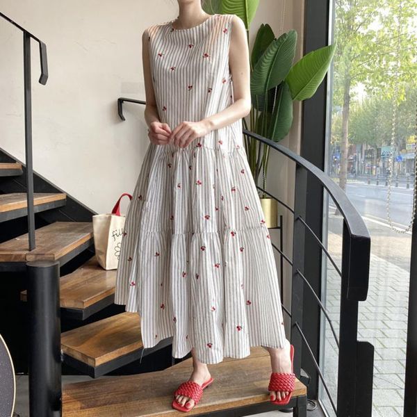 

ewq] 2020 summer tank dress women elegant long robe printed flower o neck back lace-up sleeveless big hem loose ladies dresses1, Black;gray