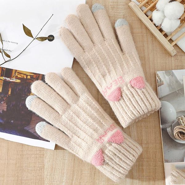 

five fingers gloves cute winter touch screen ladies warm stretch knitted faux wool full finger velvet female crochet thick and, Blue;gray