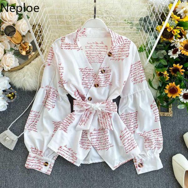 

neploe women's letter print spring 2020 new ins irregular lacing waist blouse turn-down collar puff sleeve shirts 1a1571, White