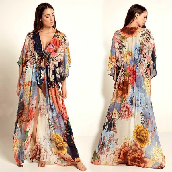 

2020 multicolored bohemian floral printed long kimono cardigan tunic women plus size beachwear clothes blouse n10301, White
