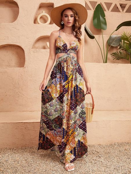 

scarf print lace up tied backless split thigh dress v50n#, Black;gray