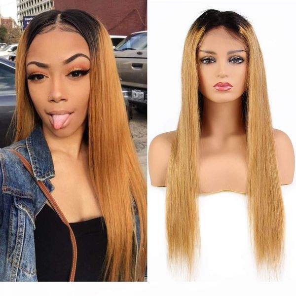

26" honey blonde ombre lace front wig straight virgin brazilian human hair full lace wig with baby hair two tone #1b #27, Black;brown