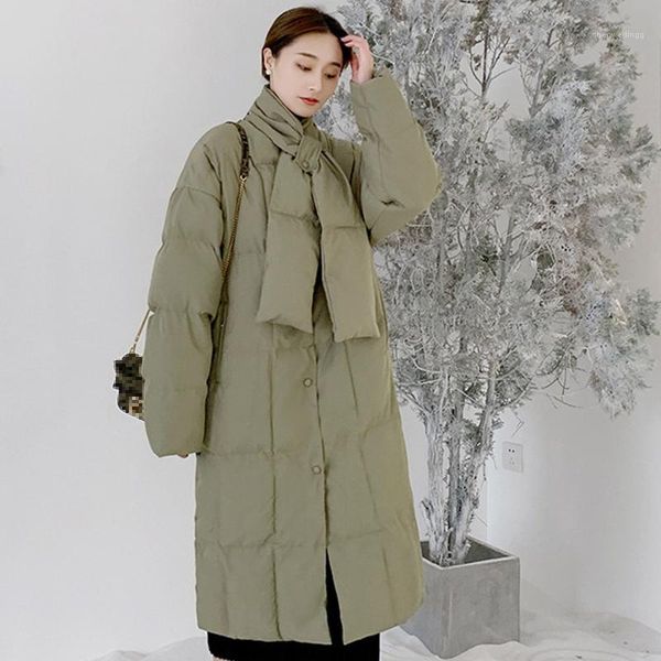 

women winter coat 2020 outerwear coats female long casual warm cotton coat o-neck with scarf loose padded down parka female1, Black