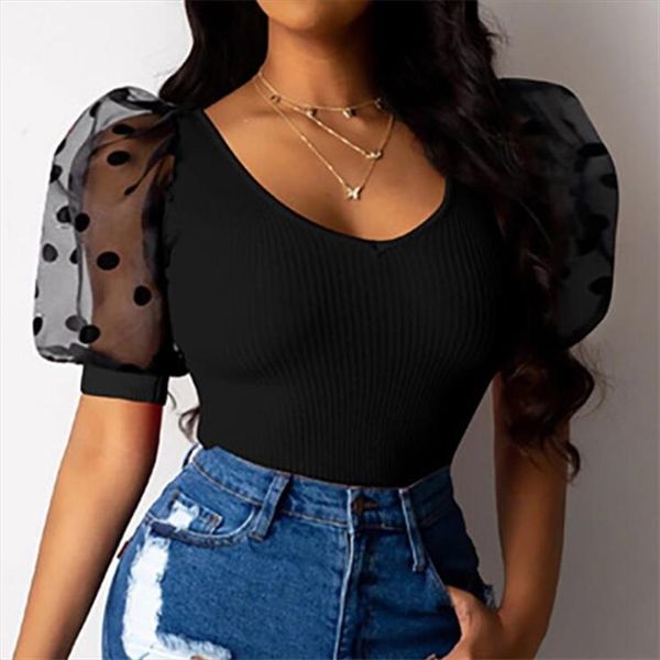 

women sheer mesh puff sleeve blouse shirts women summer blusas female pullovers elegant new see through ribbed shirt by, White