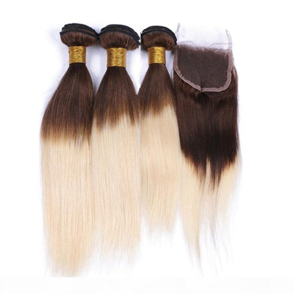 

brown and blonde ombre brazilian human hair wefts with closure straight #4 613 medium brown to blonde ombre 4x4 lace closure with 3bundles, Black;brown