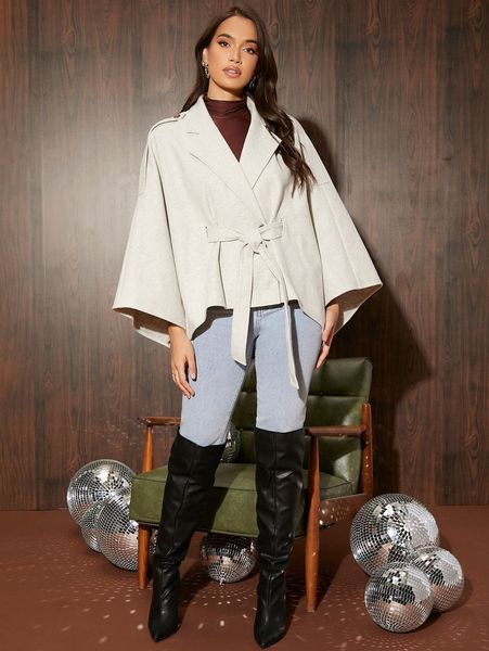 

batwing sleeve belted overcoat u5xo#, Black