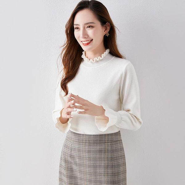 

2020 aututmn spring women sweater fashion half high neck casual soild pullovers basic clothes long sleeve silm elegant kintted, White;black