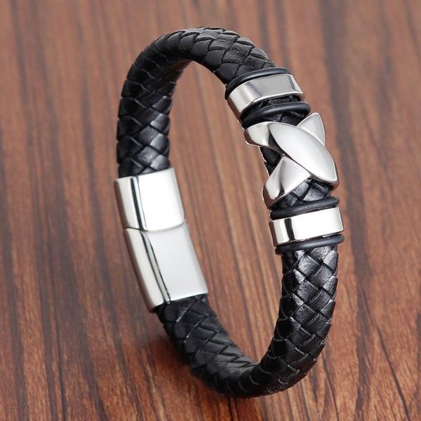 

fashion metal cross buckle leather woven bracelet classic men's rock jewelry gift, Black