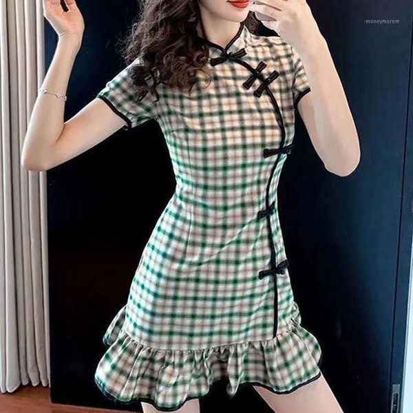 

ethnic clothing women retro chinese style qipao young fishtail dress lace puff sleeve plaid stretch cotton and linen split cheongsam1, Red