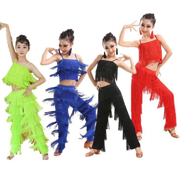 

stage wear kids latin dance costumes ballroom plus size fringe tassel dress pants girls sequin salsa samba children outfits costume, Black;red