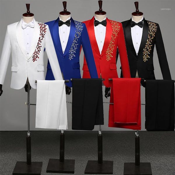 

men's formal suit stage performance dress costumes wedding suits host men singer embroidery blazer pants stage costumes dt14711, White;black