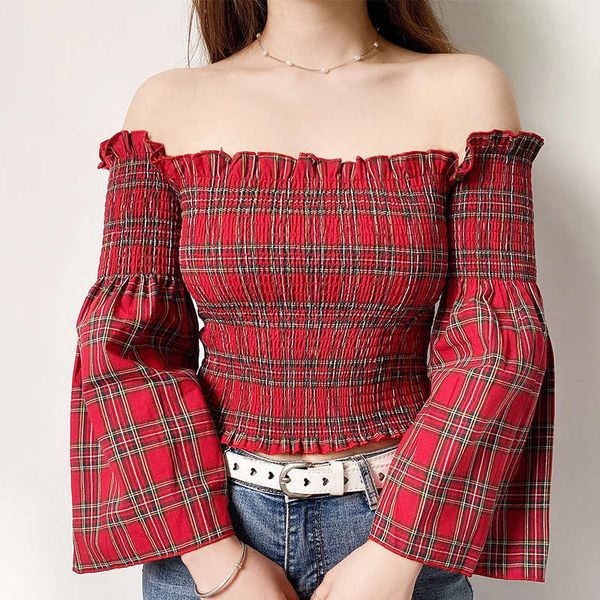 

2020 women's red plaid pleated tight flared sleeve off shoulder top, Black;gray