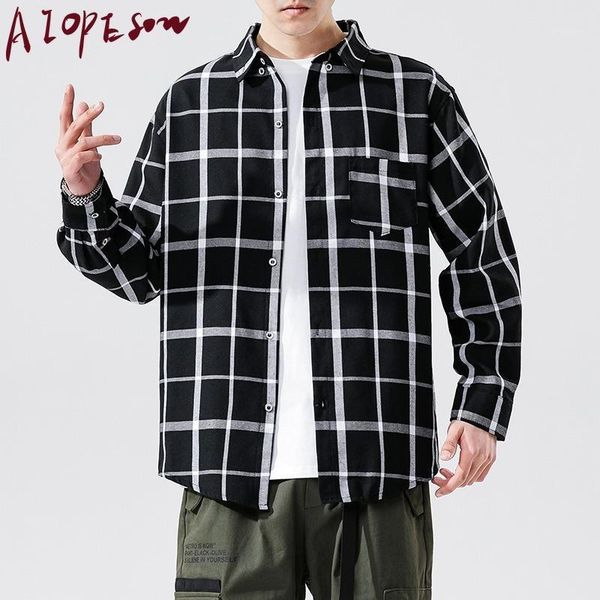 

aiopeson spring new mens shirt long sleeved fashion loose comfortable contrast color plaid shirt mens clothing casual1, White;black
