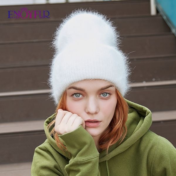 

enjoyfur winter hats for women warm long rabbit fur hair female caps fashion solid colors wide cuff young style beanies y200103, Blue;gray