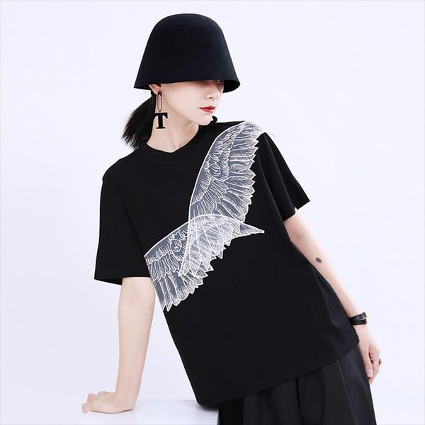 

eam] женщины белые крылья сетки сплошной сплошной цветной футболки новые круглые шеи с коротким рукавом мода прилив весна лето 2020 1u500, White