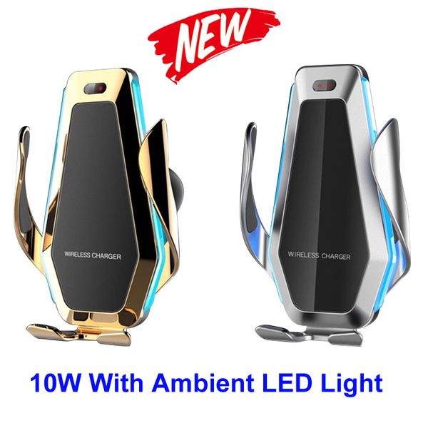 

fashion 10w car qi wireless charger for iphone xs x 8 with ambient flowable led light car phone holder for samsung s9 s10 huawei