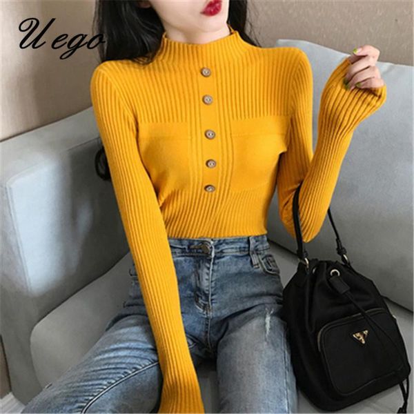 

uego mock neck button korea style chic knitted sweater women autumn winter casual sweater basic shirt spring pullover, White;black