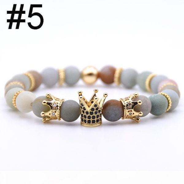 

fashion natural volcanic rock bracelet 8mm handmade beaded bangle micro inlaid zircon charm crown bracelet women men jewelry, Black