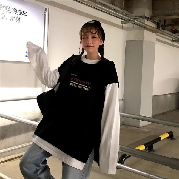 

2021 new fake korean kawaii from two amendment pieces t female sleeve neck autumn casual shirt printed letter harajuku 9yff, White