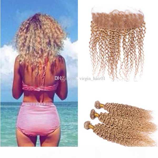 

honey blonde 27 kinky curly hair bundles with lace frontal afro curly ear to ear lace frontal with hair extensions 4pcs lot, Black;brown