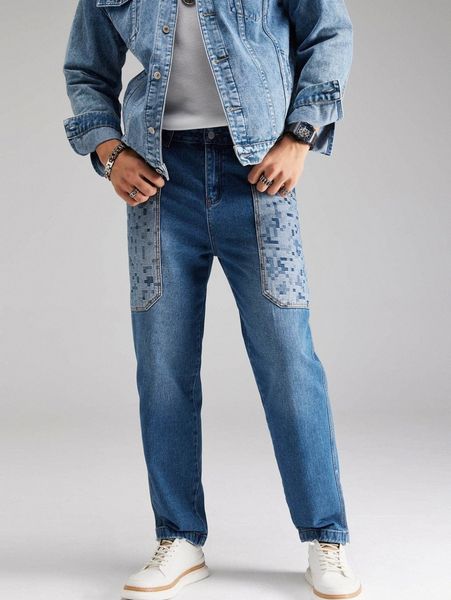 

men geo pattern pocket patched jeans g9v6#, Blue