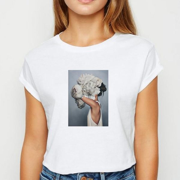 

new t shirt women feather flower girl tshirt ropa mujer spring summer ulzzang prevalent casual round collar t-shirts, White
