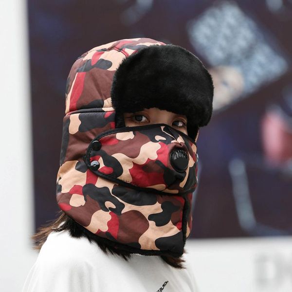 

новая зимняя утолщенная открытая лыжная лей фэн шляпа камуфляжный ремень с шейной маской хлопковой шляпе женская езда в ветрозащищенной шляп, Blue;gray