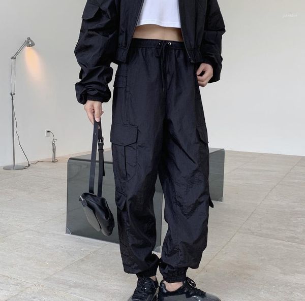 

2020 womens solid pocket jogger pants wide leg breathless high waist running pants long loose casual hip hop gym street trousers1, Black;white