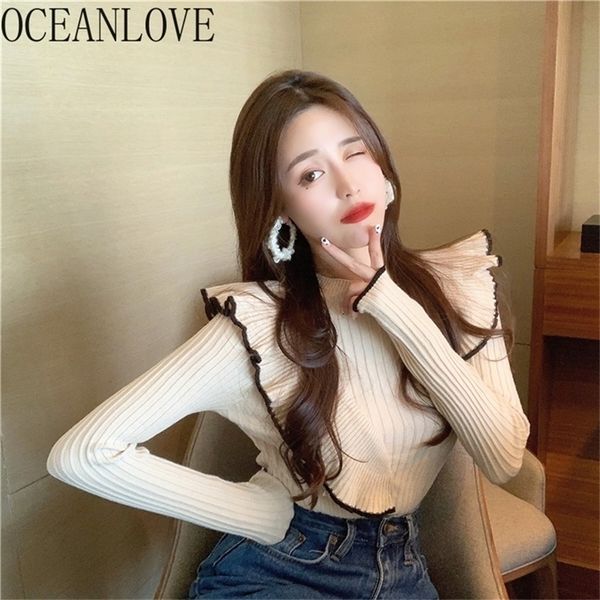 

oceanlove ruffles pull femme hiver vintage slim solid autumn winter clohtes women sweaters korean pullovers 18824 201221, White;black