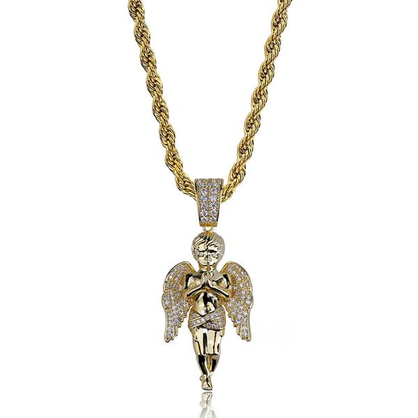 

pendant necklaces jewelry exquisite bling zircon paved punk men women necklace 18k gold plated pray angel hip hop necklaces wholes, Silver